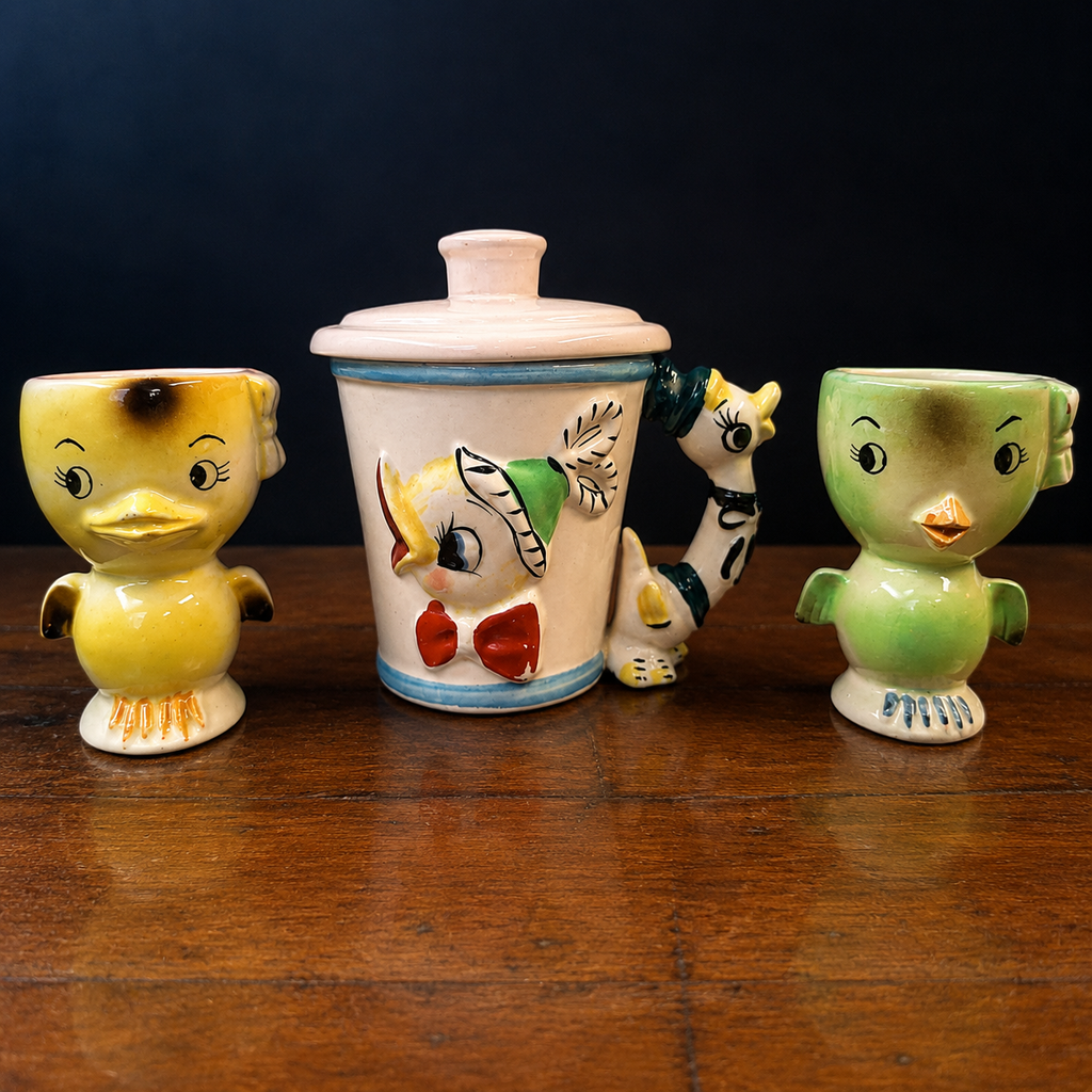 Vintage Japanese Anthropomorphic Bird Ceramics Trio c.1950s–60s
