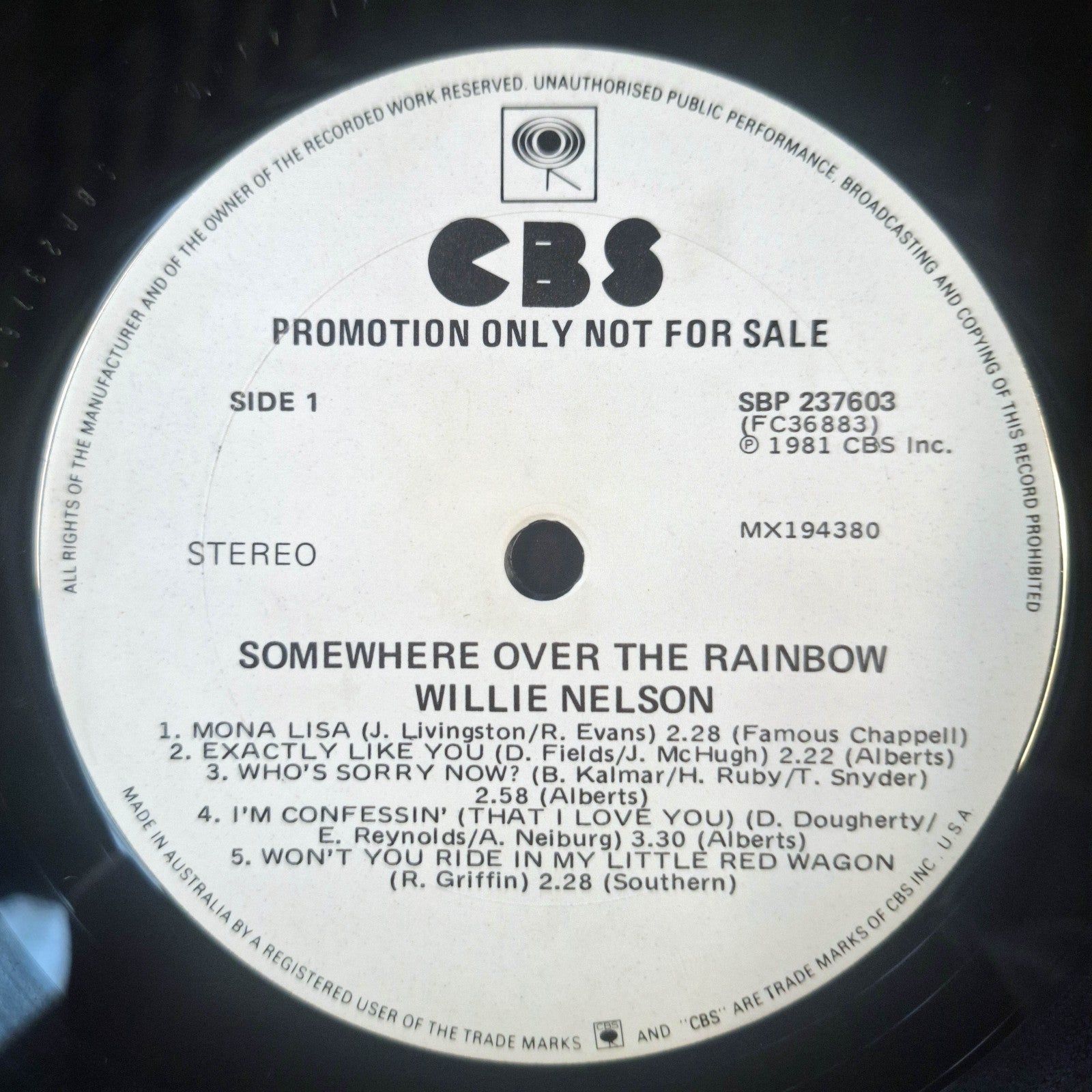 Willie Nelson Somewhere Over Rainbow 1981 CBS Australia Promo LP SBP237603