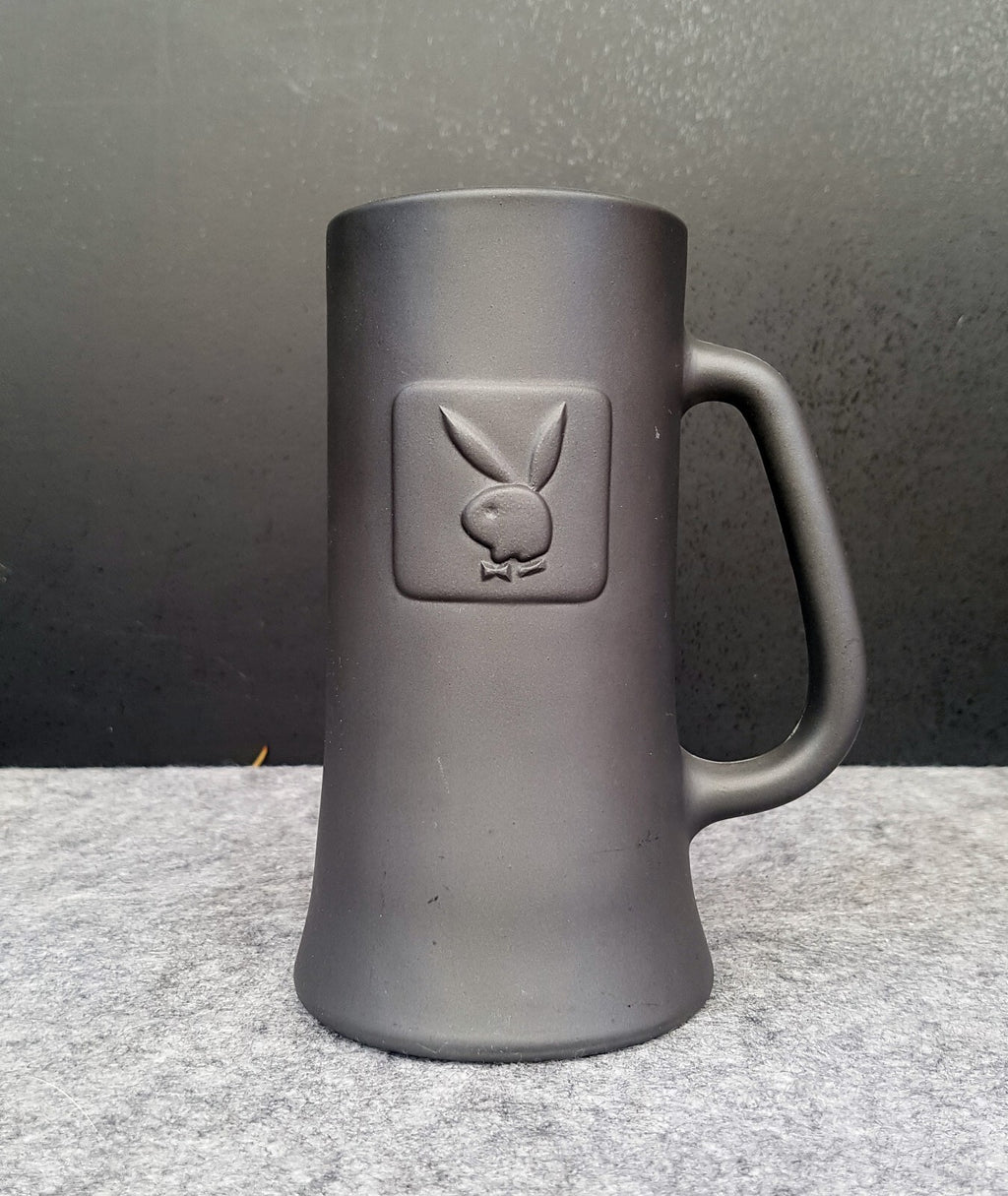Vintage Playboy Beer Tankard Embossed Logo - Grey Frosted Glass Clear Base 1970s
