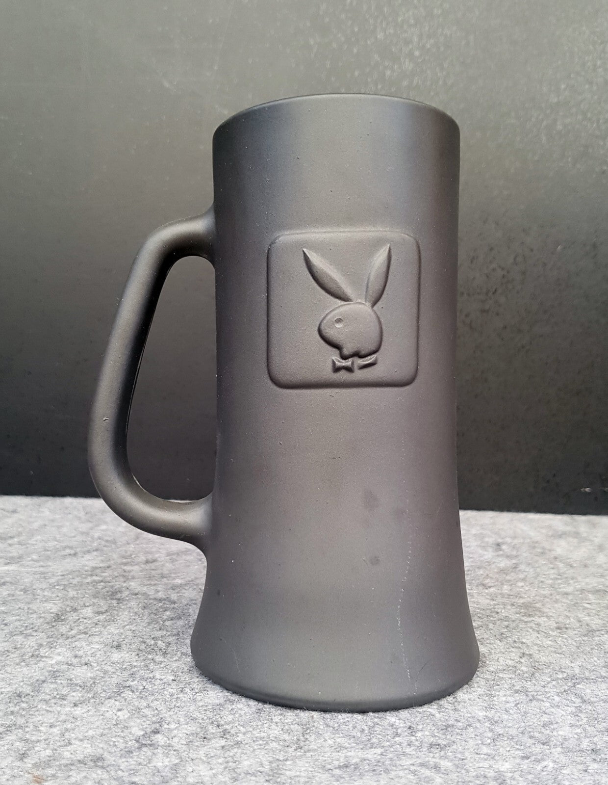 Vintage Playboy Beer Tankard Embossed Logo - Grey Frosted Glass Clear Base 1970s